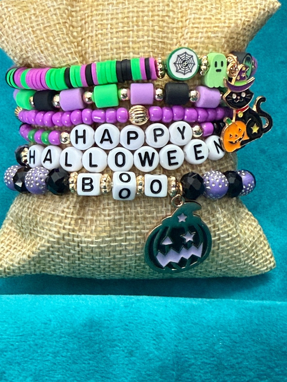 Halloween 'Happy Halloween Boo' Stackable Stretch Bracelet Set Purple & Green